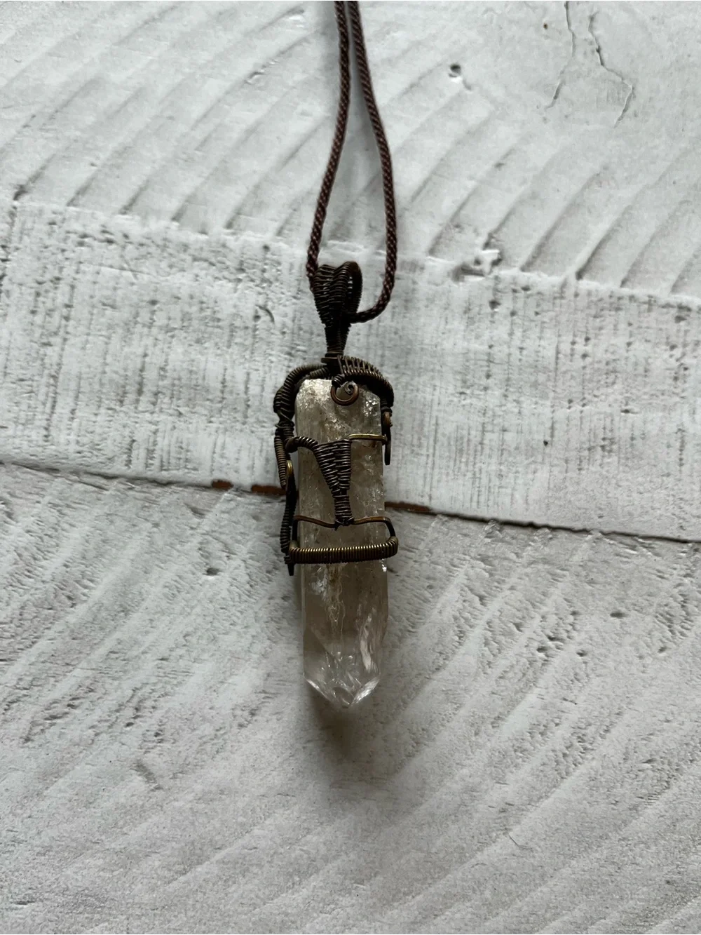 Handcrafted Brown Cord Necklace with Wire Wrapped Clear Crystal Pendant - Picture 4 of 5
